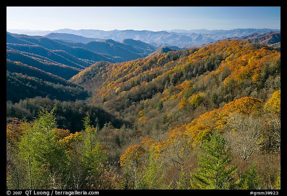 Vista of valley and mountains in fall foliage, morning, North Carolina. Great Smoky Mountains National Park (color)