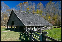 Cantilever barn and fence, Oconaluftee, North Carolina. Great Smoky Mountains National Park, USA. (color)