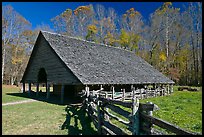 Cantilever barn and fence, Oconaluftee, North Carolina. Great Smoky Mountains National Park, USA.