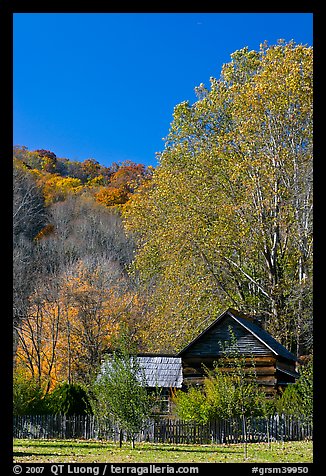 Historic log building in fall, Oconaluftee Mountain Farm, North Carolina. Great Smoky Mountains National Park, USA.
