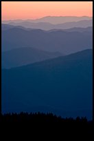 Mountain ridges seen seen from Clingman Dome and sunrise glow, North Carolina. Great Smoky Mountains National Park, USA. (color)