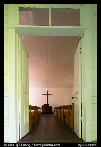 Palmer Chapel doorway and interior,  Cataloochee, North Carolina. Great Smoky Mountains National Park (color)