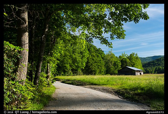 Road and barn, Big Cataloochee, North Carolina. Great Smoky Mountains National Park (color)