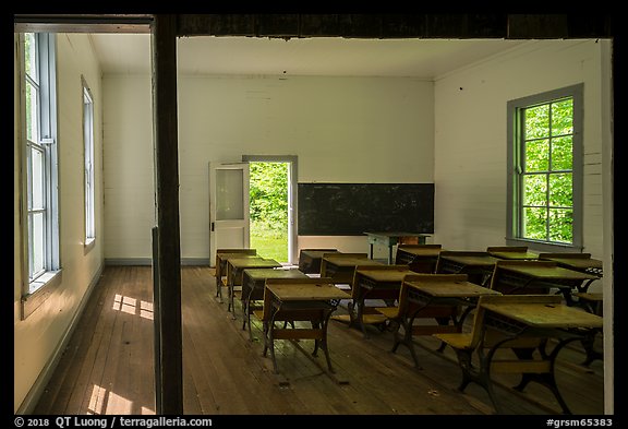Old-style school desks inside  Beech Grove School, Cataloochee, North Carolina. Great Smoky Mountains National Park (color)