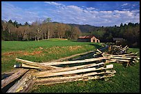 Wooden fence, pasture, and cabin, late afternoon, Cades Cove, Tennessee. Great Smoky Mountains National Park ( color)