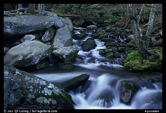 Roaring Fork River Cascades and boulders, Tennessee. Great Smoky Mountains National Park, USA.