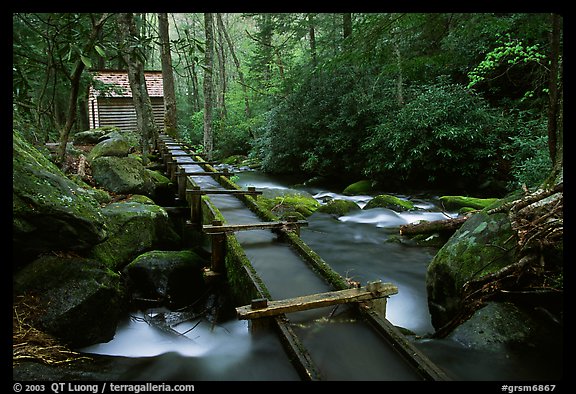 Flume carrying water to Reagan's mill next to Roaring Fork River, Tennessee. Great Smoky Mountains National Park (color)