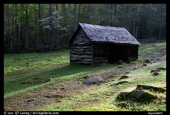 Jim Bales log Cabin in meadow, early morning, Tennessee. Great Smoky Mountains National Park, USA.