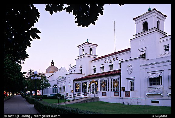 Ozark bathhouse on historic Bathhouse row at dusk. Hot Springs National Park, Arkansas, USA.