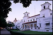 Ozark bathhouse on historic Bathhouse row at dusk. Hot Springs National Park, Arkansas, USA. (color)