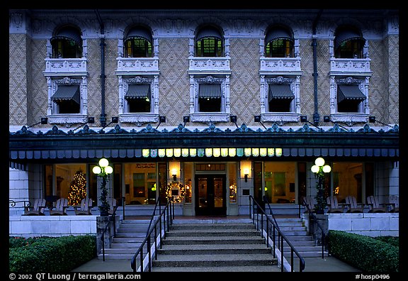 Fordyce Bathhouse Visitor Center facade at dusk. Hot Springs National Park (color)