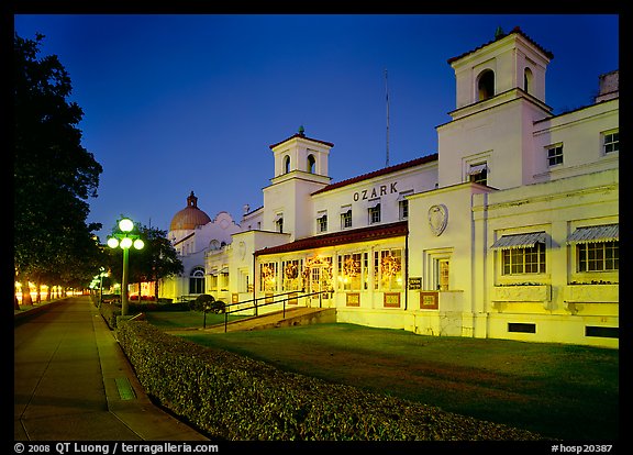 Ozark Bath and Bathhouse row at night in 1997. Hot Springs National Park (color)