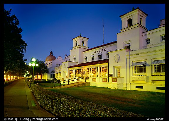 Ozark Bath and Bathhouse row at night in 1997. Hot Springs National Park, Arkansas, USA.