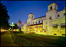 Ozark Bath and Bathhouse row at night in 1997. Hot Springs National Park, Arkansas, USA.