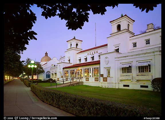 Ozark Bath and Bathhouse row at dusk in 1997. Hot Springs National Park (color)