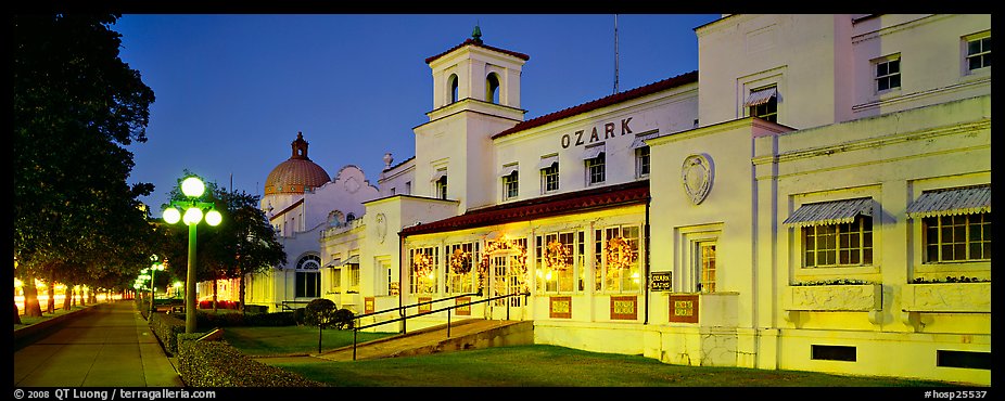 Historic baththouse row at night. Hot Springs National Park, Arkansas, USA.