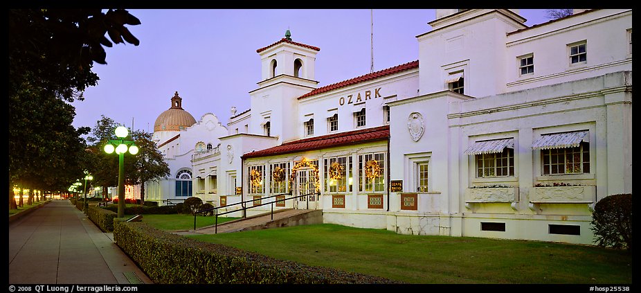 Ozark bathhouse at dusk. Hot Springs National Park (color)