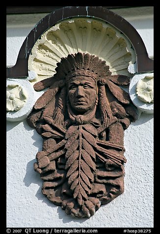 Bas relief depicting Indian chief on Quapaw Baths facade. Hot Springs National Park, Arkansas, USA.