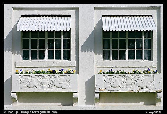 Windows and shades, Ozark Baths. Hot Springs National Park, Arkansas, USA.