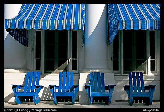 Blue chairs, windows, and shades, Buckstaff Baths. Hot Springs National Park, Arkansas, USA.