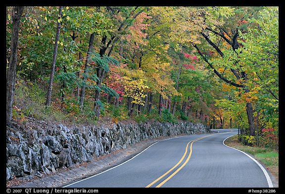 Rood, stone wall, fall colors, West Mountain. Hot Springs National Park, Arkansas, USA.