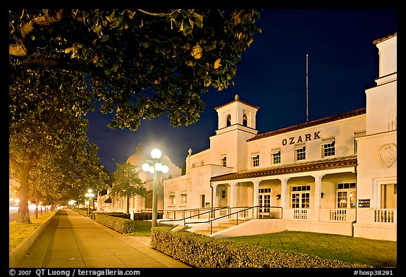 Ozark Baths and Bathhouse Row at night. Hot Springs National Park, Arkansas, USA.