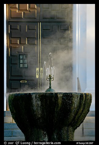 Fountain with thermal steam outside Park Visitor Center. Hot Springs National Park, Arkansas, USA.