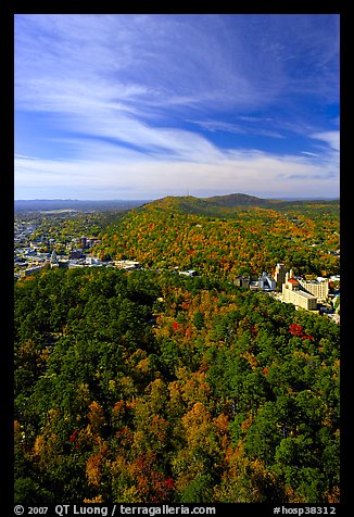 View over tree-covered hills in the fall. Hot Springs National Park (color)