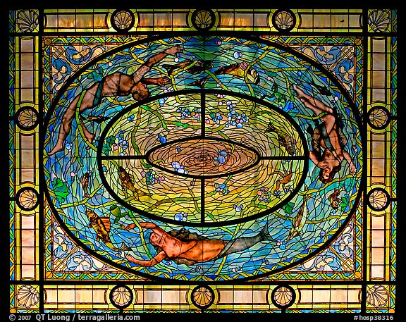 Stained glass on ceiling of men's room. Hot Springs National Park, Arkansas, USA.