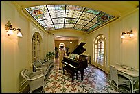 Piano and gallery in assembly room, Fordyce Bathhouse. Hot Springs National Park, Arkansas, USA.