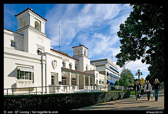 Bathhouse Row with people strolling. Hot Springs National Park, Arkansas, USA.