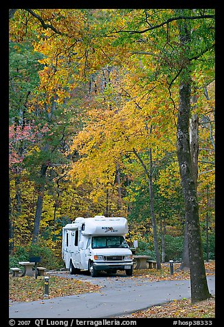 RV in campground with fall colors. Hot Springs National Park, Arkansas, USA.