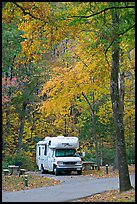 RV in campground with fall colors. Hot Springs National Park, Arkansas, USA.