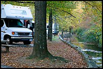 RV, trees in fall colors, and stream. Hot Springs National Park, Arkansas, USA. (color)
