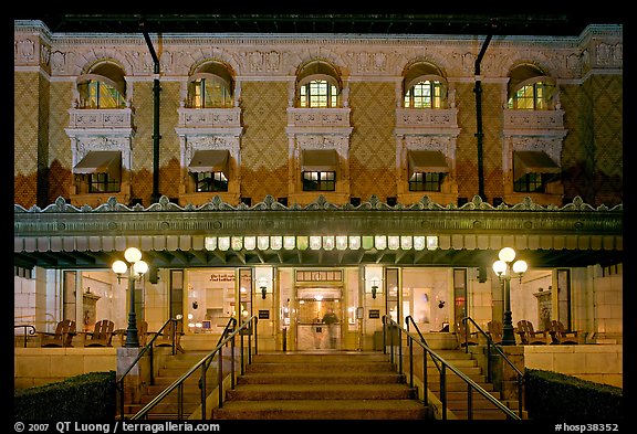 Fordyce Bathhouse facade at night. Hot Springs National Park, Arkansas, USA.