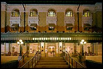 Fordyce Bathhouse facade at night. Hot Springs National Park, Arkansas, USA. (color)