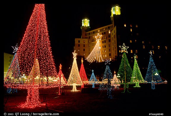Christmas illuminations in front of the Arlington Hotel. Hot Springs, Arkansas, USA (color)