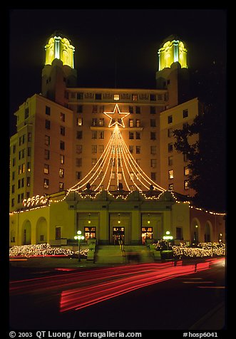 Arlington Hotel at night with Christmas lights. Hot Springs, Arkansas, USA