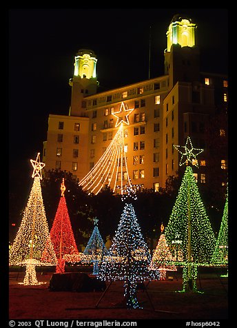 Christmas lights and  Arlington Hotel. Hot Springs, Arkansas, USA (color)