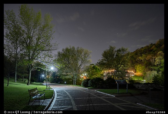 Grand Promenade and West Mountain at night. Hot Springs National Park, Arkansas, USA.