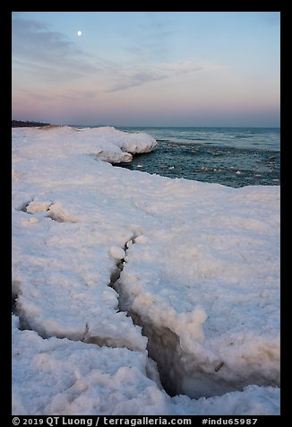 Cracks in shelf ice and moon at dawn, West Beach. Indiana Dunes National Park (color)