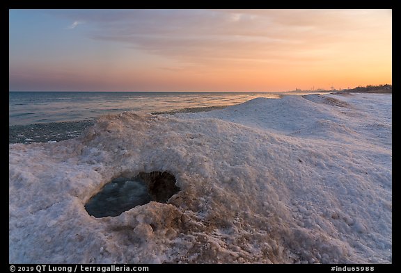 Hole in shelf ice, sunrise, West Beach. Indiana Dunes National Park (color)