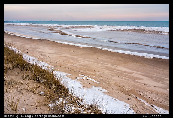 Beach in winter with snow and ice. Indiana Dunes National Park (color)