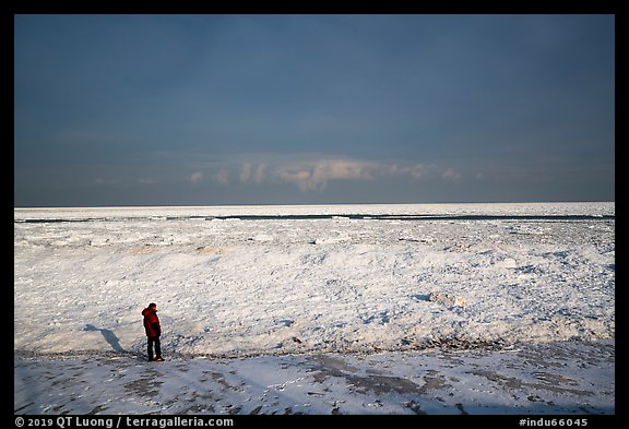 Visitor looking, Mt Baldy Beach. Indiana Dunes National Park, Indiana, USA.