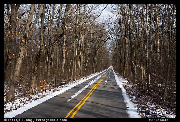 Narrow road in winter. Indiana Dunes National Park, Indiana, USA.