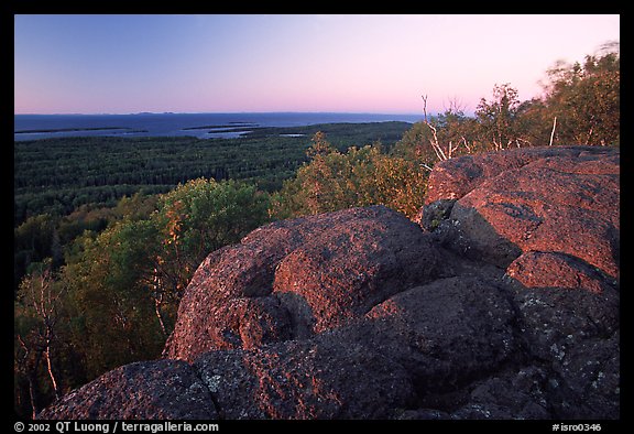 Eroded granite blocs on Mount Franklin at sunset. Isle Royale National Park, Michigan, USA.