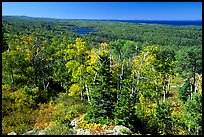 Forested view with Sargent Lake and Lake Superior in the distance. Isle Royale National Park, Michigan, USA.