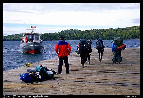 Backpackers waiting for pick-up by the ferry at Windego. Isle Royale National Park (color)