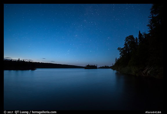Tobin Harbor at dusk, with stars. Isle Royale National Park (color)
