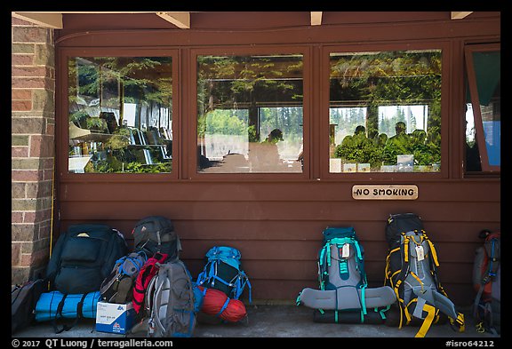 Backpacks lined behind visitor center, Rock Harbor. Isle Royale National Park, Michigan, USA.